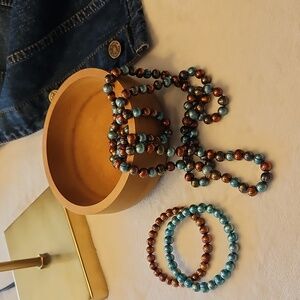 Honora blue and brown ringed pearl necklace and matching bracelets